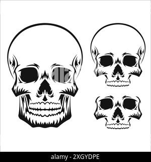 Menschlicher Schädel. Schwarze Silhouette. Designelement. Handgezeichnete Skizze. Vektordarstellung auf weißem Hintergrund isoliert. Stock Vektor