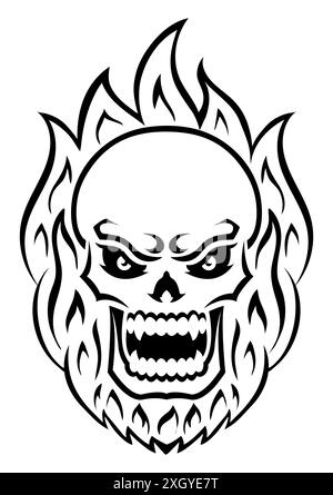 Wütender Schädel mit Feuer. Kontur Silhouette. Konstruktionselement. Vektorillustration isoliert auf weißem Hintergrund. Vorlage für Bücher, Aufkleber, Poster, ca. Stock Vektor