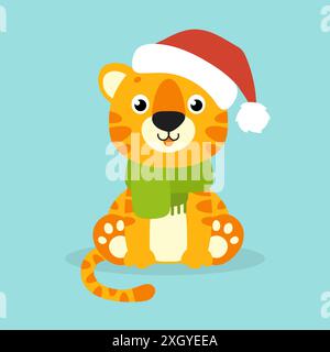 Tiger simbol in einem weihnachtsmütze. Zeichentrickfigur. Farbenfrohe Vektorgrafik. Isoliert auf farbigem Hintergrund. Designelement. Vorlage für Ihr Design, Stock Vektor