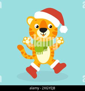 Tiger simbol in einem weihnachtsmütze. Zeichentrickfigur. Farbenfrohe Vektorgrafik. Isoliert auf farbigem Hintergrund. Designelement. Vorlage für Ihr Design, Stock Vektor