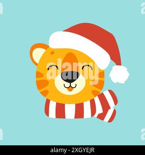 Tiger simbol in einem weihnachtsmütze. Zeichentrickfigur. Farbenfrohe Vektorgrafik. Isoliert auf farbigem Hintergrund. Designelement. Vorlage für Ihr Design, Stock Vektor