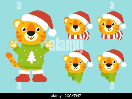 Tigersymbol im Winterhut. Zeichentrickfigur. Bunte Vektorillustration. Frohes neues Jahr und frohe Weihnachten. Isoliert auf farbigem Hintergrund. Desigment Stock Vektor