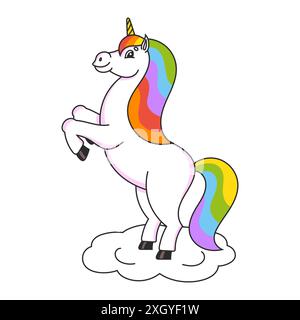 Das magische Einhorn wurde aufgezogen. Das Tierpferd steht auf seinen Hinterbeinen. Cartoon-Stil. Einfache flache Vektordarstellung. Stock Vektor