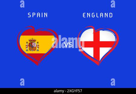 Spanien gegen England, Flagge in Herzform Embleme. Vektor-Hintergrund mit spanischen und englischen Flaggen für das Fußballfinale, Juli 2024 Stock Vektor