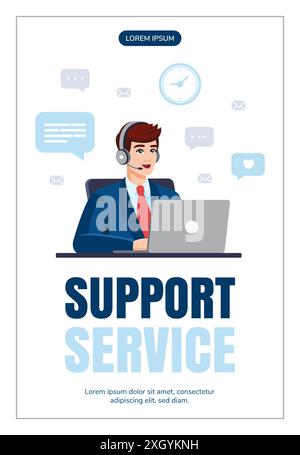 Operator, Mann, der mit Laptop arbeitet. Flaches Design. Vektorflyer, Poster, Bannerdesign. Servicekonzept unterstützen. Konzeptdarstellung für Support, Unterstützung, Callcenter. Call-Center-Betreiber. Stock Vektor