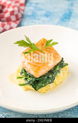 Gegrilltes Lachsfilet mit Gemüsemischung auf einem weißen Porzellanteller Stockfoto