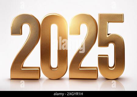 Isoliertes 2025 glänzendes Gold auf isoliertem weißem Happy New Year Hintergrund Stockfoto