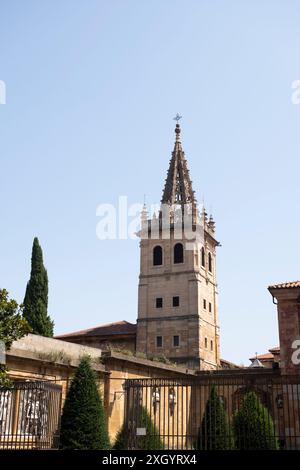 Glockenturm des Convento de Clausura de las Pelayas (geschlossenes Kloster) und Garten der Könige von Caudillo (Jardín de los Reyes caudillos). Metropolitan Cat Stockfoto