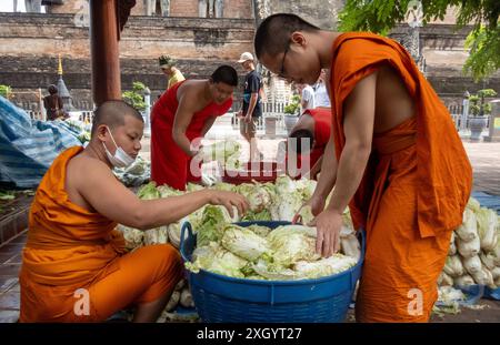 Chiang Mai, Thailand. Juli 2024. Mönche bereiten sich darauf vor, Chinakohl an die Dorfbewohner im Tempel Wat Chedi Luang Worawihan in Chiang Mai zu verteilen. Quelle: SOPA Images Limited/Alamy Live News Stockfoto