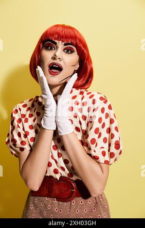 Eine auffällige rothaarige Frau mit Pop-Art-Make-up trägt ein Polka-Dot-Shirt und weiße Handschuhe vor einem auffälligen gelben Hintergrund. Stockfoto