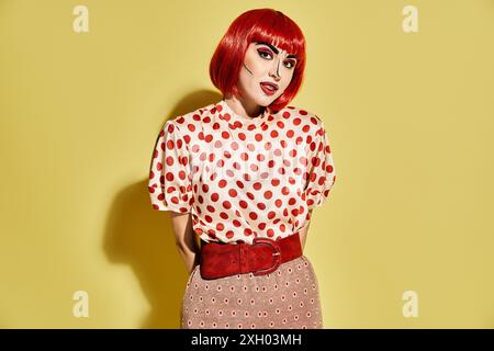 Eine hübsche rothaarige Frau in einem Polka Dot-Shirt mit kreativem Pop-Art-Make-up, das an eine Figur aus Comics erinnert. Stockfoto