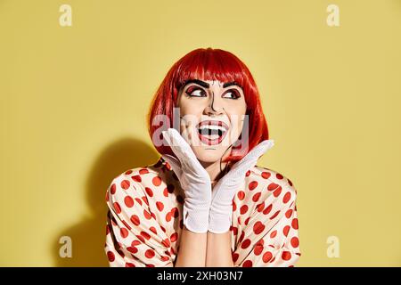 Eine lebendige rothaarige Frau in einem Polka Dot-Shirt und weißen Handschuhen zeigt kreatives Pop-Art-Make-up auf gelbem Hintergrund. Stockfoto