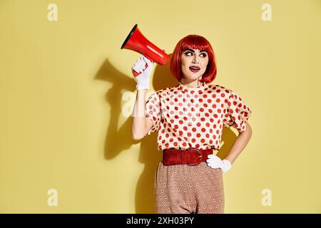 Eine hübsche rothaarige Frau mit kreativem Pop-Art-Make-up hält ein rot-weißes Megaphon auf gelbem Hintergrund. Stockfoto