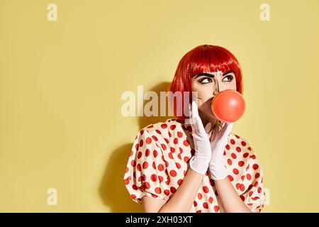 Eine hübsche rothaarige Frau mit Pop-Art-Make-up, Punktbluse, bläst eine Blase auf gelbem Hintergrund. Stockfoto