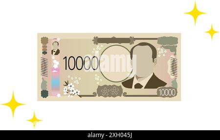 Neuer 10.000 Yen-Schein und glitzernde Sterndekoration, Vektor-Illustration Stock Vektor