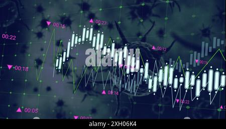 Bild der Verarbeitung von Finanzdaten über covid-19-Zellen, die vor grauem Hintergrund schweben. Global Finance und covid-19-Pandemiekonzept Stockfoto