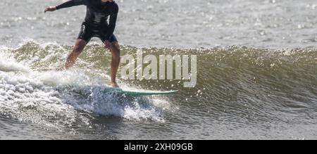 Seitenansicht eines Surfers in schwarzem, kurzem Neoprenanzug, der auf einem Wellensurfen an der Küste von Long Island fährt Stockfoto