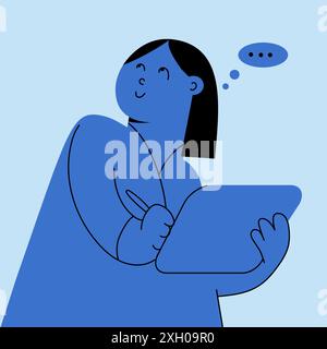 Blau gezeichneter Charakter mit Tablett und Stift, nachdenklich lächelndem Gesicht und Sprechblase. Kreativer Beruf, Designer, Illustrator, Online Stock Vektor