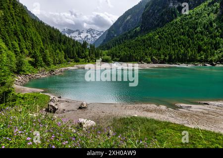 Das schöne Stilluptal, auch Wasserfalltal genannt, und der Stillup-Stausee bei Mayrhofen in Österreich, Europa Stockfoto