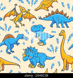 Nahtloses Muster süßer Dinosaurier im asiatischen Kawaii-Stil. Tyrannosaurus rex, Stegosaurus, triceratops, Pterosaurier, Spinosaurus, Ichthyosaur, Diplodocus Stock Vektor