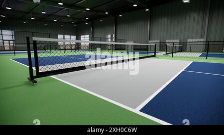 Ein Tennisplatz mit einer blauen, grünen und grauen Oberfläche Stockfoto