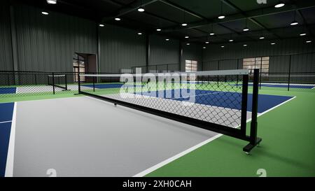 Ein Tennisplatz mit einer blauen, grünen und grauen Oberfläche Stockfoto