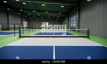 Ein Tennisplatz mit einer blauen, grünen und grauen Oberfläche Stockfoto