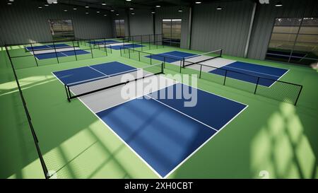 Ein Tennisplatz mit einer blauen, grünen und grauen Oberfläche Stockfoto