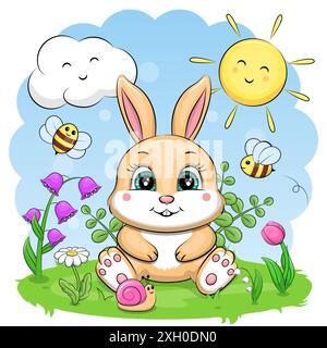 Niedliches Karikaturkaninchen in der Natur. Vektorillustration mit einem Tier. Stock Vektor
