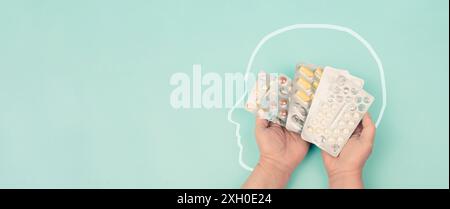 Medikamentenpille, Depression, sucht nach Nahrungsergänzungsmitteln und Überdosis, Medikamentenverordnung, Apothekentabletten, Gesundheitspflege und Behandlung Stockfoto