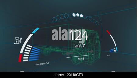 Abbildung des Tachometers und des Leistungspegels über dem Lkw auf schwarzem Hintergrund. Grüne Energie, Elektroautos, Design- und Technologiekonzept digital Gen Stockfoto