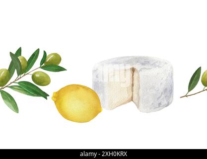 Nahtloser Rand mit Weichkäse, Olivenzweig und Zitrone. Aquarellabbildung isoliert auf weißem Hintergrund. Für Karten, Design, Stoff, Textil, mich Stockfoto