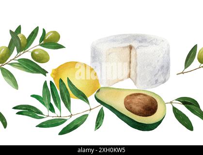 Nahtloser Rand mit Weichkäse, Olivenzweigen, Avocado und Zitrone. Aquarellabbildung isoliert auf weißem Hintergrund. Für Karten, Design, Stoff, Stockfoto