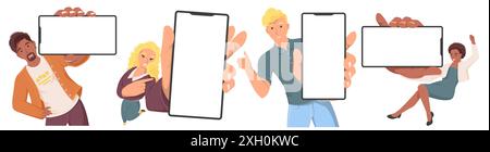 Vielfältige glückliche Menschen mit leeren Smartphone-Displays Stock Vektor