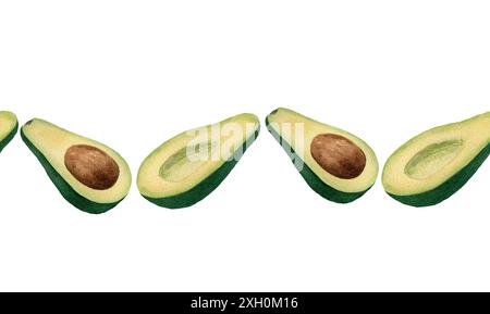 Nahtloser Rand mit Avocadohälften mit Knochen. Aquarellabbildung isoliert auf weißem Hintergrund. Für Karten, Design, Stoff, Textil, Menü, Wrap Stockfoto