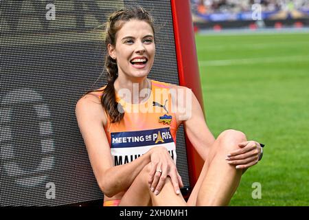 Yaroslava Mahuchikh, nachdem er den Weltrekord im Hochsprung während des Wettkampfes de Paris Wanda Diamond League 2024 am 7. Juli 2024 im Charlety-Stadion in Paris gebrochen hatte. Foto: Victor Joly/ABACAPRESS. KOM Stockfoto