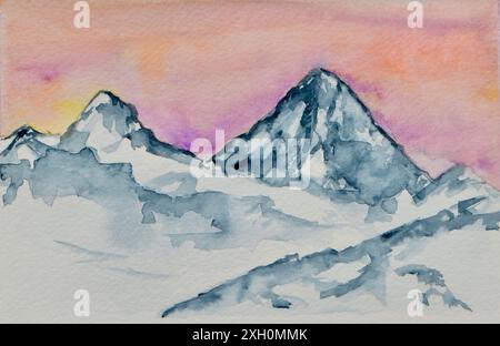 Kalte Berge Aquarellmalerei Illustrationskunst kalte Alpin Stockfoto