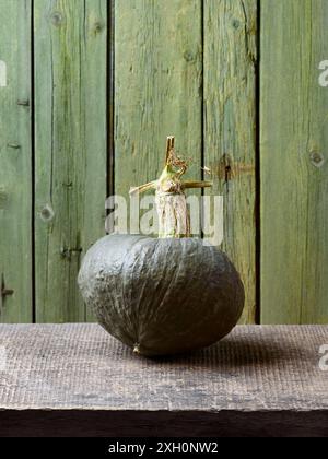 Grüner Winter-Kürbis auf einem alten Holztisch mit grünem Hintergrund und Kopierraum Stockfoto