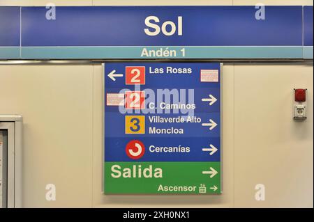 Madrid, Spanien, Europa, Wegweiser in einer U-Bahn-Station mit Informationen zu verschiedenen Wegbeschreibungen und einer Rolltreppe Stockfoto