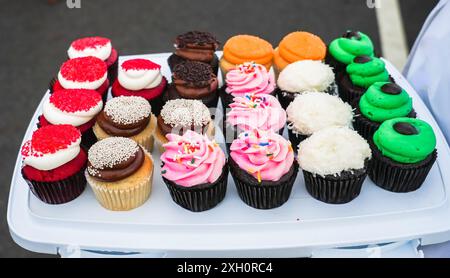 Die Cupcakes, die man probieren kann, sind mit Streuseln, Schokoladenchips und Kokosnuss dekoriert. Stockfoto