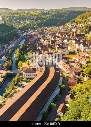 Blick aus der Vogelperspektive auf eine Stadt mit vielen Dächern, Fluss und Brücke, umgeben von grünen Hügeln und historischer Architektur im Sommer, Calw, Schwarzwald Stockfoto