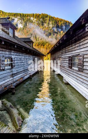 Bootshäuser am Königssee in Schönau im Berchtesgadener Land, Bayern Stockfoto