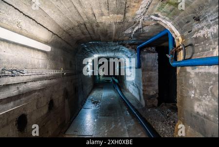 Industrieller Betontunnel mit blauen Rohren und elektrischen Leitungen, die ein Gefühl von Mysterium und Verlassenheit schaffen. Stockfoto