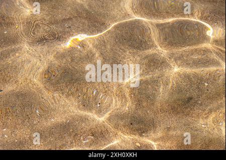 Meereshintergrund Meeresboden mit Sonneneinstrahlung. Blick durch das sandige Grundwasser Stockfoto