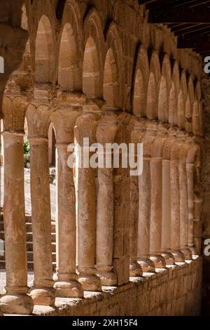 Arkadengalerie mit Rundbögen auf paarweise Säulen, Kirche des Erlösers, ländliche Romanik aus dem 13. Jahrhundert, Carabias, Guadalajara, Spanien Stockfoto