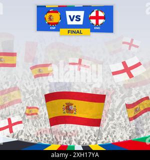 Fußballfans jubeln mit Fahnen für das Spiel zwischen Spanien und England. Sportillustration für Fußballwettbewerbe in Europa. Vektorvorlage. Stock Vektor