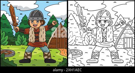 Wikingerkind mit Holzschwert Illustration Stock Vektor