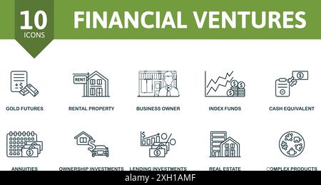 Dünne Symbolgruppe von Financial Ventures. Gold-Futures, Mietobjekt, Geschäftseigentümer, Indexfonds, Barmitteläquivalent, Renten, Eigentumsinvestitionen Stock Vektor