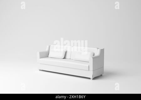 Weißes Sofa auf weißem Hintergrund in Monochrom und Minimalismus. Illustration des Konzepts von Möbeln, Empfangsräumen und Entspannung Stockfoto