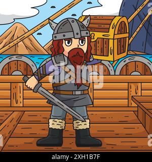 Wikinger mit lautfarbener Cartoon-Illustration Stock Vektor